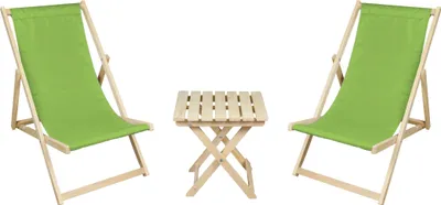 Two green deck chairs and a small wooden table are arranged on a white background.