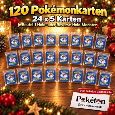 Produktbild von Pokémon Adventskalender-Füllung – 120 Original Karten – 24x5 mit Holo/Reverse-Holo-Monster + Poketon Visitenkarte, KI-generiertes Bild