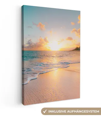 Produktbild von MuchoWow® - Leinwandbilder - Sonnenuntergang - Strand - Meer - Sommer - Blau, Wandbild, Wanddeko Bilder Wohnzimmer, 20x30 cm