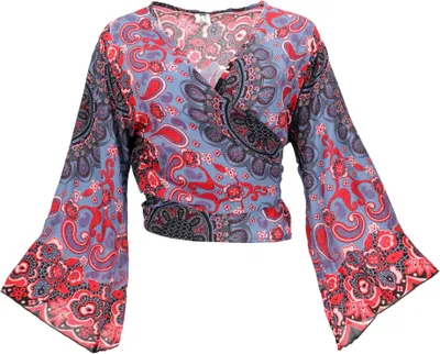 Produktbild von Kurztop, Boho Blusentop, Wickeltop, Wickelbluse - Blau/rot, Damen, Viskose, Blusen & Tunikas
