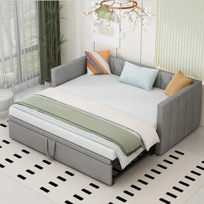 Produktbild von Merax Tagesbett 90x200cm/180x200cm Ausziehbett, Erweiterbares Schlafsofa mit Lattenrost und Armlehnen, Samt Polsterbett Kinderbett Sofabett, Hellgrau