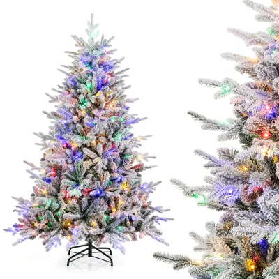 A flocked artificial Christmas tree with multicolor LED lights.
