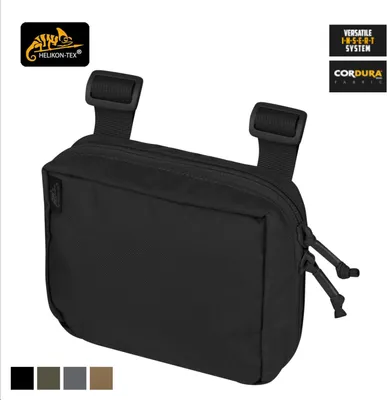 A black pouch with logos and text overlays, presented against a white background. Several color swatches are displayed at the bottom.