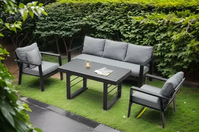 Produktbild von MeXo Gartenmöbelset Aluminium, 5 Personen, Ergonomische Rückenlehne mit Kissen & Hoher Esstisch, Indoor Outdoor Balkon Garten (Sitzgruppe, schwarz)