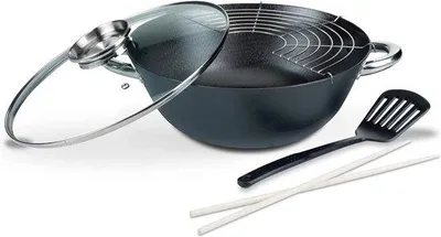 Produktbild von DigiRigi® Gusseisen-Wokset (5-tlg.) mit Glasdeckel – 32 cm, 6,2 L, schwarz | Multifunktionaler Wok zum Braten, Schmoren & Frittieren