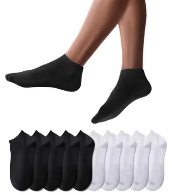 Productafbeelding van Kousen voor sneakers, 10 paar, korte enkelsokken, katoen, uni, maat 47-50, zwart/wit