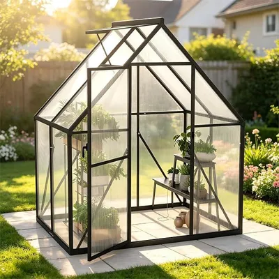 Image de Serre en polycarbonate de 1,8 x 1,2 mètres, structure en aluminium, idéale pour le jardin, pour cultiver des plantes, des légumes et des fleurs. Elle est équipée d'une fondation et d'une fenêtre de toit réglable, de panneaux en polycarbonate alvéolaire de 4 mm, est résistante aux intempéries et offre une protection UV pour les plantes