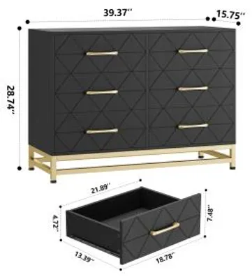 Image de Commode avec tiroirs, meuble d'appoint polyvalent, spacieux, de couleur noire, fabriqué en panneaux de particules (MDF/contreplaqué) avec une structure métallique robuste