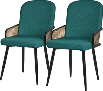 Produktbild von ML-Design Esszimmerstühle 2er Set Petrol Stoffbezug Küchenstuhl mit Rattan Optik-Armlehnen Gepolsterte Stühle mit Metallbeinen Sessel ergonomisch