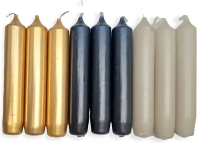 Productafbeelding van Cactula Set van korte decoratieve dinerkaarsen – 9 stuks, koninklijke kleurenmix (blauw, beige en goud), 2,1 x 12 cm, ongeparfumeerd
