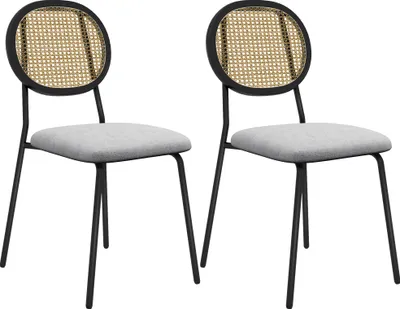 Image de HOMCOM Lot de 2 chaises salle à manger, chaises de cuisine, style bohème, dossier en rotin, tissu effet lin respirant, cadre en acier, pour salon, salle à manger, chambre à coucher, gris
