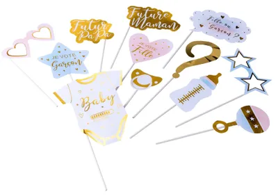Produktbild von Photobooth-Set Gender Reveal Mädchen oder Junge 12-teilig Rosa Blau Gold -