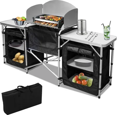 Produktbild von Hengda Campingschränke Campingküche   Campingausrüstung mit Aluminiumgestell, Spritzschutz und Tragetasche, ca. (L) 172 cm x (B) 52 cm x (H) 104 cm Outdoor Campingschrank Windschutz inkl.Reiseküche