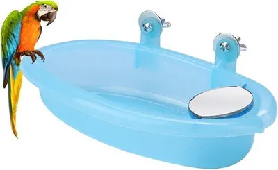 Image de Bain pour perroquets avec miroir - Bain pour oiseaux bleu avec miroir et accessoires ludiques