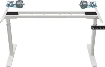A white electric standing desk frame with two motors is shown against a white background.