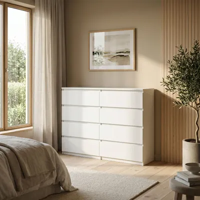 Produktbild von Masseno Kommode NUDO 120 cm Sideboard mit 8 Schubladen und  Türen für Wohnzimmer Schlafzimmer Modern 120x39x101,5 cm Weiß / Weiß