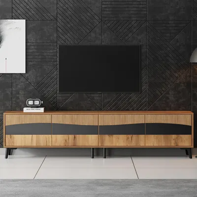 Produktbild von MODFU TV-Schrank Lowboard mit 4 Schränken und 8 Stützbeinen, Fernsehschrank mit schwarzen Linien, geeignet für 75-Zoll-TV, Holzfarbe+Schwarz-Spleiß