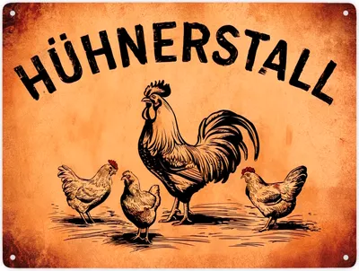 Produktbild von Hühnerstall Metallschild XXL in 28x38 cm mit Hahn und Hennen