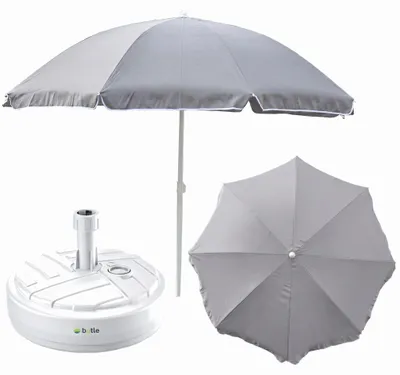 Obrázek produktu pro Kompletní sada slunečníku + stojanu na slunečník do zahrady Materiál: polyester/ocel/polypropylen Barva: šedá Velikost: průměr 240 cm, výška 230 cm Kulatý stojan Barva: bílá Turistický, lehký, s brzdou, moderní a zábavný
