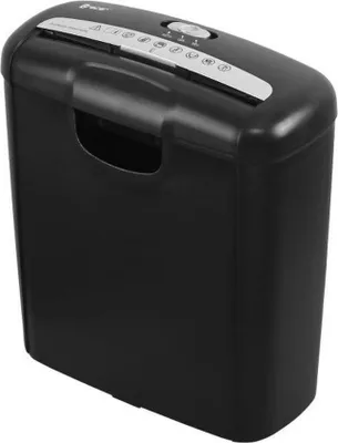 A black paper shredder with a silver control panel on a white background.
