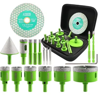 Produktbild von Diamant Fliesenbohrer Set 17-teilig 6-65mm Lochsäge mit Dreikantschaft & Trennscheibe 115mm