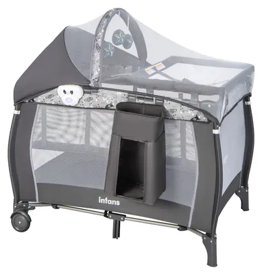 Image de Lit à ressorts pour bébé - Lit de voyage - Lit pour enfant - Espace de jeu - Commode - Pliable - Avec roulettes - Avec boîte à musique