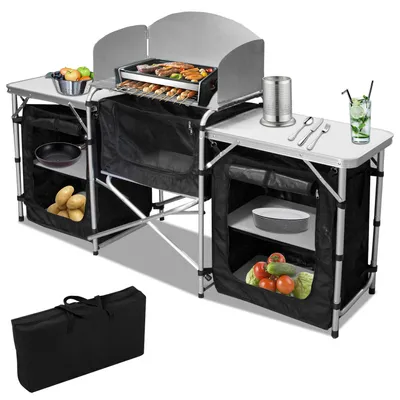 Immagine prodotto di Izrielar 164,5 x 104 x 52 cm Cucina da campeggio pieghevole con 3 piani di lavoro – Stazione cucina da esterno con spazio di stoccaggio,  Armadio da campeggio pieghevole per giardino, campeggio