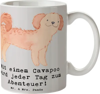 Produktbild von Mr. & Mrs. Panda Tasse Cavapoo Abenteuer - Grau Pastell - Geschenk, Pott, Verspieltheit, Hundeliebhaber, Hunderasse, Keramiktasse, Hunderassen Eigenschaften, Kaffeetasse