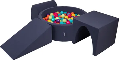 Produktbild von KiddyMoon spielplatz aus schaumstoff mit rund bällebad (300 bälle) ballgruben für babys spielbad hindernisläufen, hergestellt in der eu, dunkelblau:helgrün/gelb/türkis/orange/dpink/violet