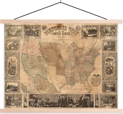 Produktbild von MuchoWow® Textilposter Karte - Vintage - Amerika 150x113 cm mit holzfarbenen Rahmen - Poster