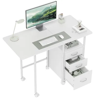 Produktbild von Klappbarer Computertisch auf Rollen, Schreibtisch mit Stauraum, 3 Schubladen, ausziehbare Tischplatte, 105 x 51 x 75,5 cm, wei?