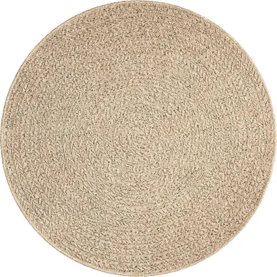 A round rug with a braided texture.