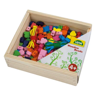 Image de Set de bricolage LENA perles en bois de différentes couleurs et formes avec cordons