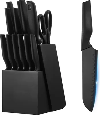 Immagine prodotto di Set di coltelli da cucina con ceppo - 15 pezzi incl. acciaino - Acciaio inossidabile ad alto tenore di carbonio - Manici ergonomici in PP - Ceppo in legno - Lame affilate