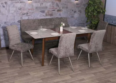 Produktbild von Esszimmer-Set HWC-G55, 4er-Set Stuhl + Sitzbank 180cm, Edelstahl gebürstet Stoff/Textil Chenille  dunkelgrau
