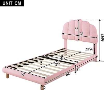Image de 90x200cm Lit simple, Lit d'enfant, Lit de jeune, Lit rembourré, Sommier à lattes en bois, Toison circulaire, Rose