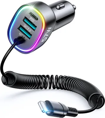 Zdjęcie produktu dla Joyroom szybka ładowarka samochodowa 4 w 1 PD, QC3.0, AFC, FCP z kablem Lightning 1,6m 57W czarny (JR-CL20)