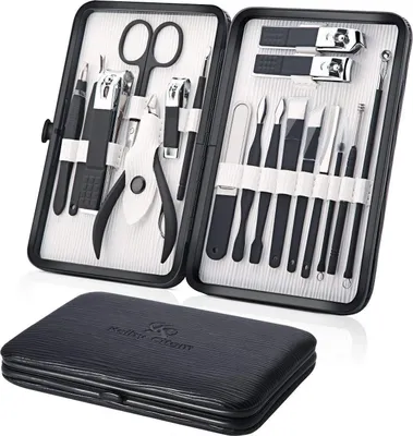 Produktbild von Professionelles Maniküre Pediküre Set Edelstahl Nagelknipser Kit - 18-teilig in Leder Reisetasche