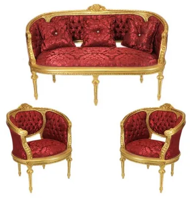 Produktbild von Casa Padrino Barock Wohnzimmer Set Marseille Bordeaux Muster / Gold - Sofa (140 cm) + 2 Sessel (75 cm)