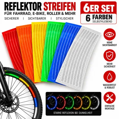 Produktbild von 6er Set Reflektorstreifen für Fahrrad & E-Bike – 6 Farben selbstklebend – reflektierende Felgenaufkleber für bessere Sichtbarkeit bei Dunkelheit