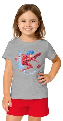Produktbild von Miraculous Schlafanzug für Mädchen - Ladybug Kinder Pyjama Set Kurzarm Oberteil mit Hose Grau/Rot 122-128