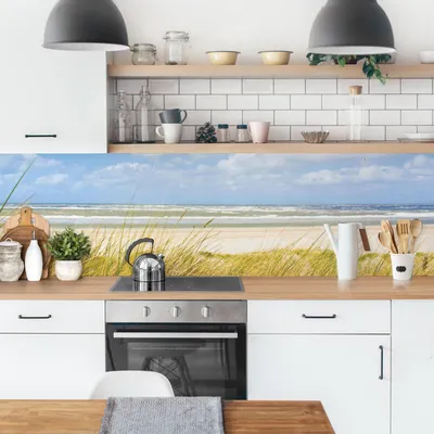 Produktbild von Küchenrückwand Strand selbstklebend - 0.35 mm Wandpaneel wasserfest Design blau Motiv Spritzschutz fugenlos