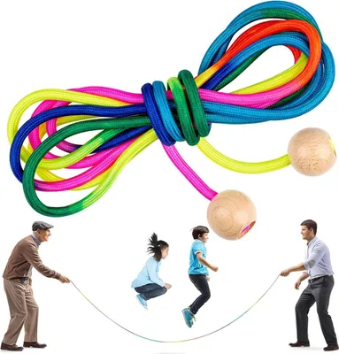 Produktbild von Springseil für mehrere Personen – 5-Meter-Springseil – Langes Springseil für Kinder – mit Holzkugelgriffen – Gruppenspringseil für Kinder und Erwachsene