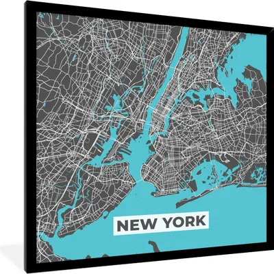 Produktbild von MuchoWow® Gerahmtes Poster Stadtplan - Blau - New York - Karte 40x40 cm - Poster mit Schwarzem Bilderrahmen Wandposter Rahmen Foto Bilder - Mit Rahmen - Wanddekoration Schlafzimmer