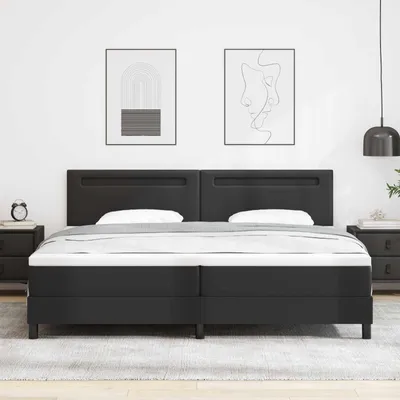 Image de Lit à lattes avec sommier intégré et tête de lit noire, dimensions 200 x 200 cm, revêtement en similicuir