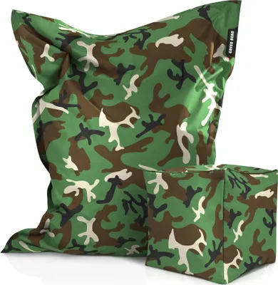 Produktbild von Green Bean® XXL Riesensitzsack 140x180cm + Hocker 40x40x40cm mit EPS-Perlen Füllung - 2er Set Sitzsack "Square+Cube" Camouflage Grün