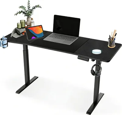 Image de Bureau XMTECH à hauteur réglable électriquement 140 x 60 cm | 3 positions mémorisables, protection anti-collision et capacité de charge de 80 kg | Crochets et porte-boissons inclus
