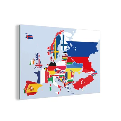 Obrázek produktu pro MuchoWow® Obrazy na skle - Nástěnné obrazy - Fotografie na skle Mapa - Evropa - Vlajka 60x40cm Nástěnná dekorace ze skla - akrylová malba na sklo - akrylové