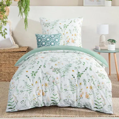 Productafbeelding van Bettenset 155x220 cm, bloemenprint, saliegroen, met kussensloop 80x80 cm, microvezel, kreukvrij, met rits, 2-delig