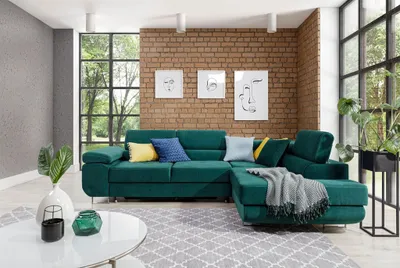 Produktbild von Ecksofa Schlafsofa SARRA in Stoff Kronos Dunkelgrün Ottomane Rechts